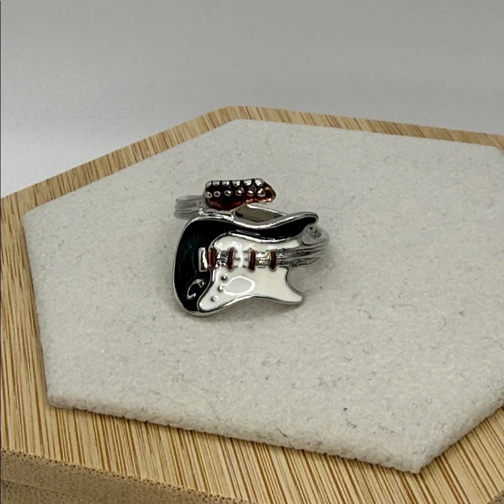 Rockin Guitar Ring Black and White Enamel Electric Guitar Ring Unisex Size 9